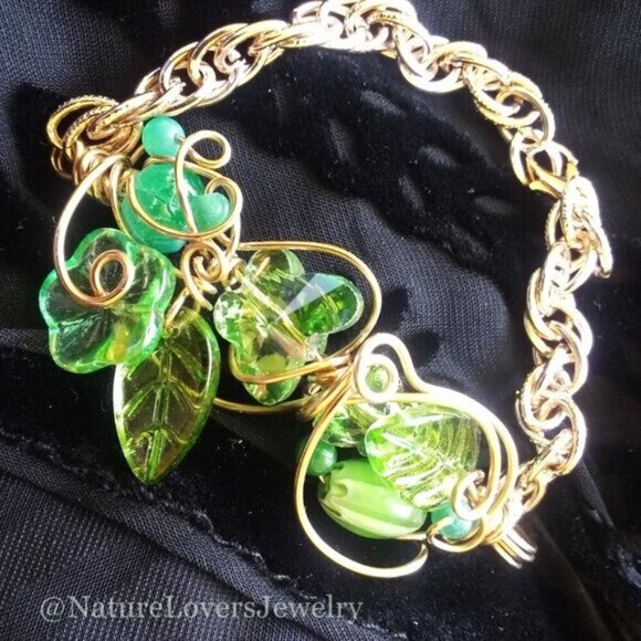 Whimsical Spring Bracelet - Green Leaves Butterflies Flowers! Uniquely Handmade - Picture 2 of 11